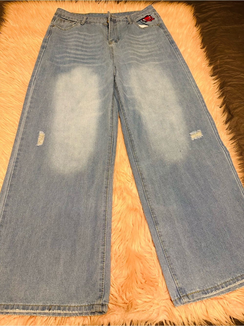 Light Blue Wide-Leg Women's Jeans Spider-Man Patches